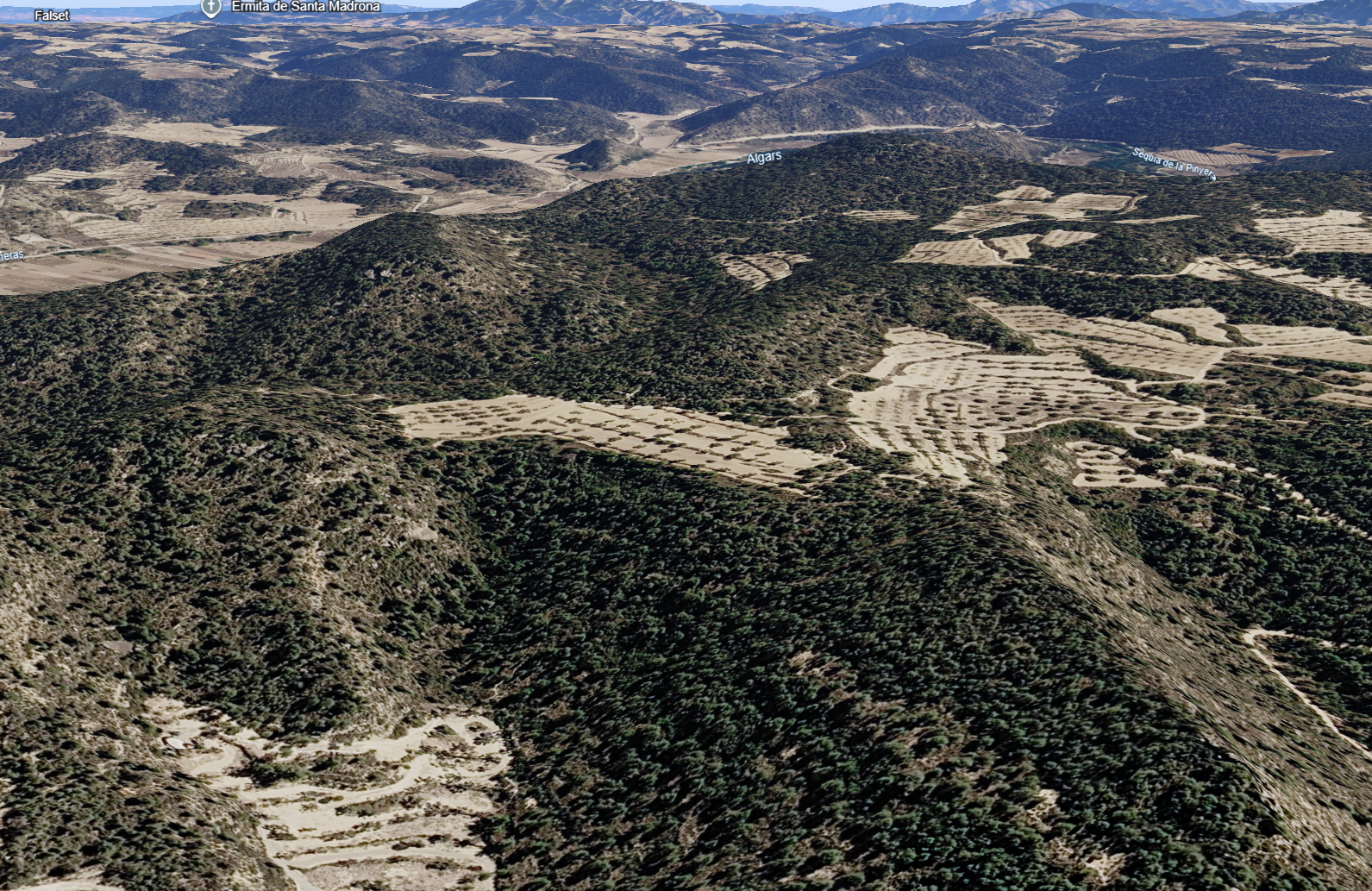 Aerial view of the rugged Matarraña landscape and olive groves